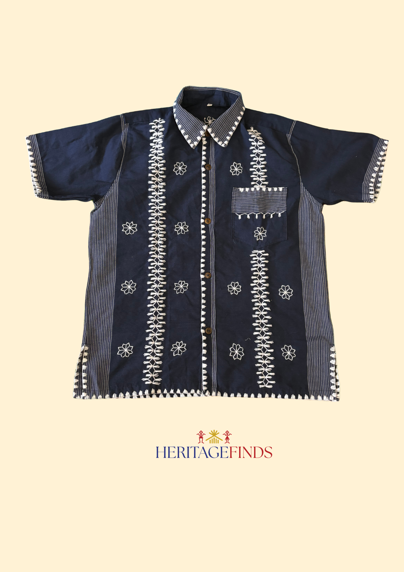 Kantarines Collared Men's Polo with Itneg Embroidery (Dark Navy Stripes)