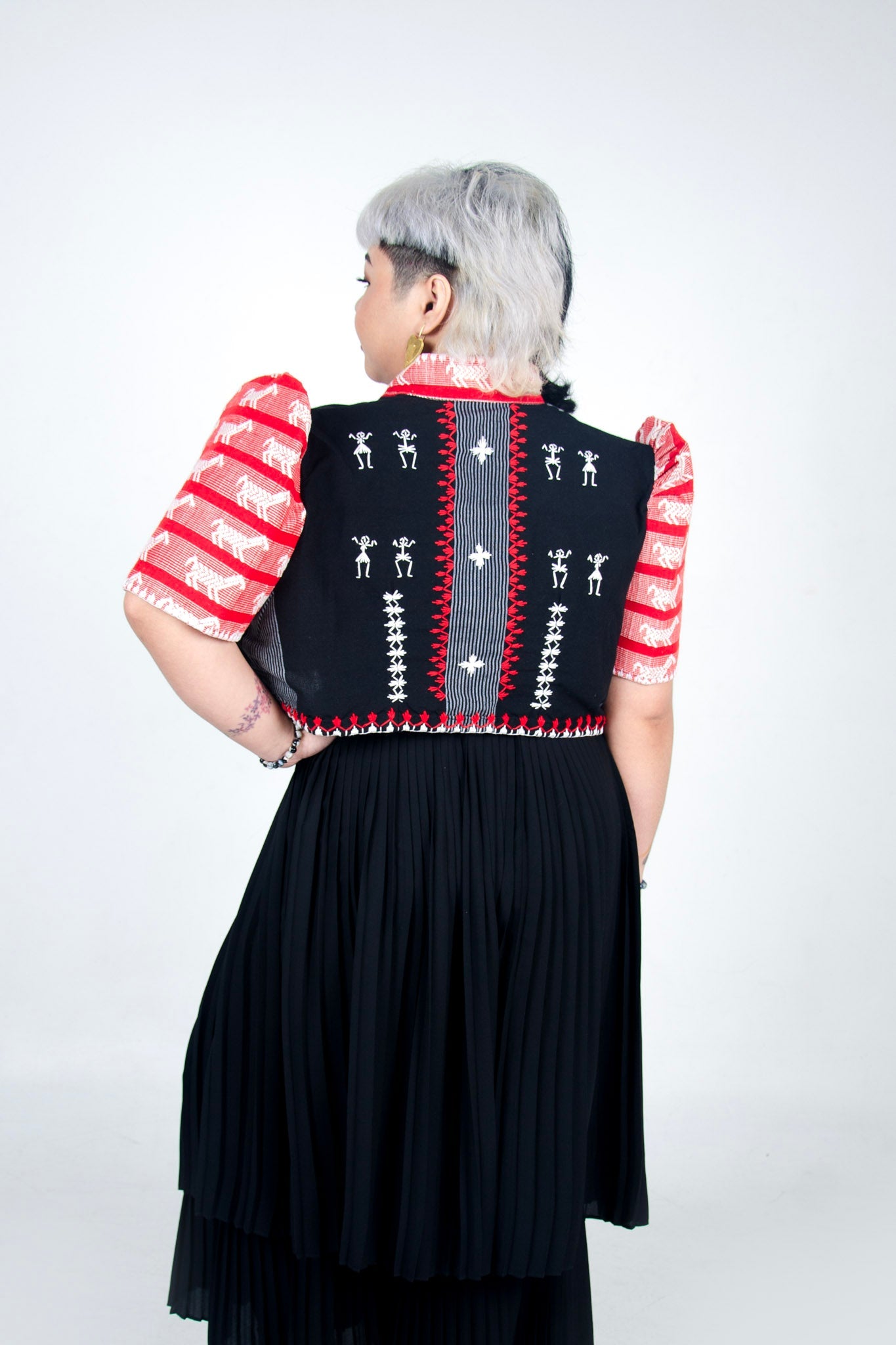 Mixed Weave Bolero with Pinilian Sleeves and Itneg Embroidery (Black and Red Striped)