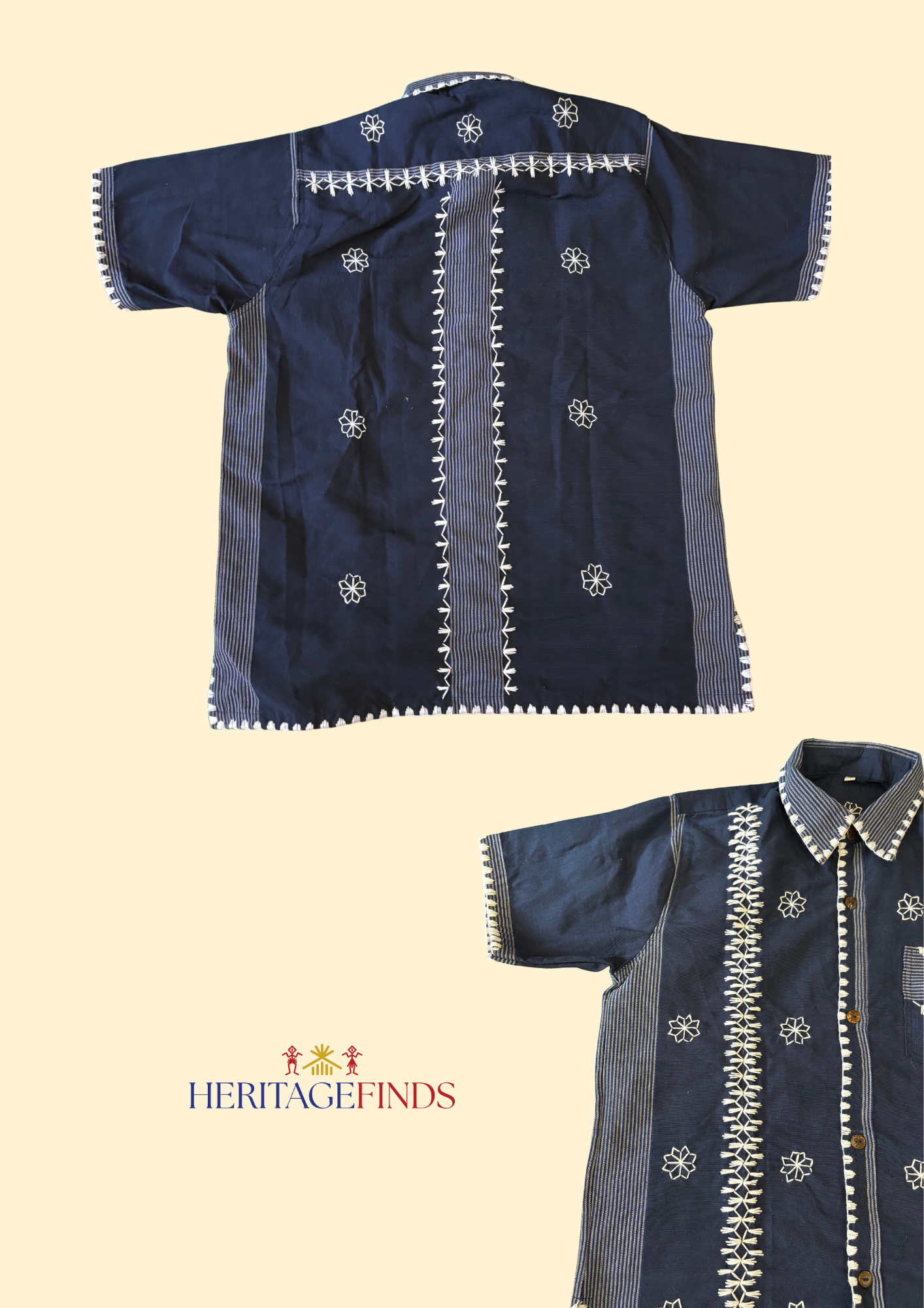 Kantarines Collared Men's Polo with Itneg Embroidery (Dark Navy Stripes)