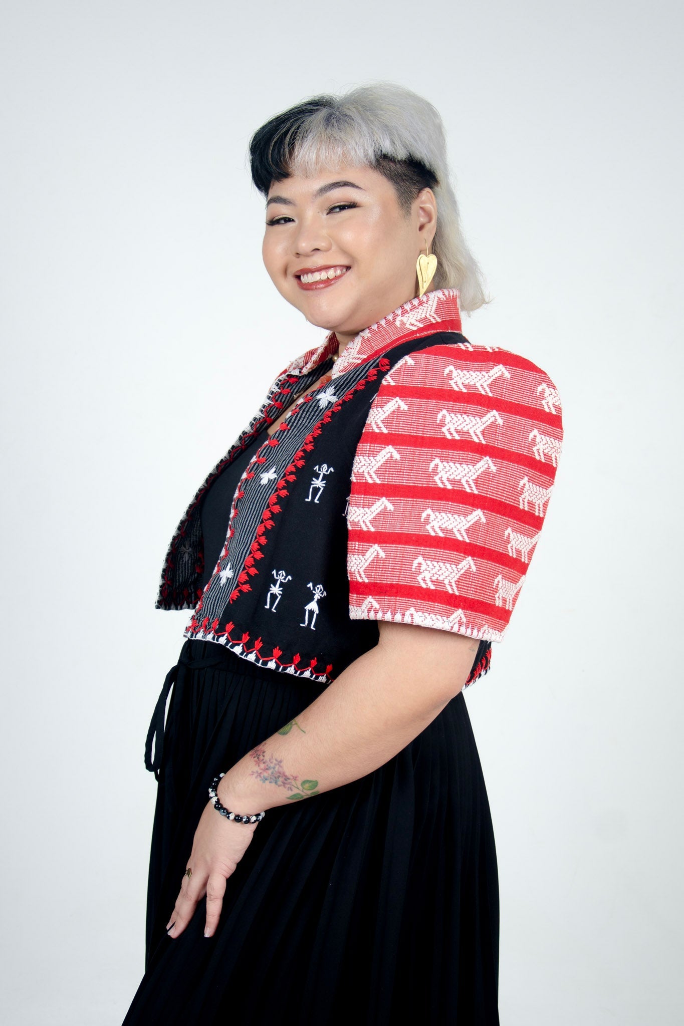 Mixed Weave Bolero with Pinilian Sleeves and Itneg Embroidery (Black and Red Striped)