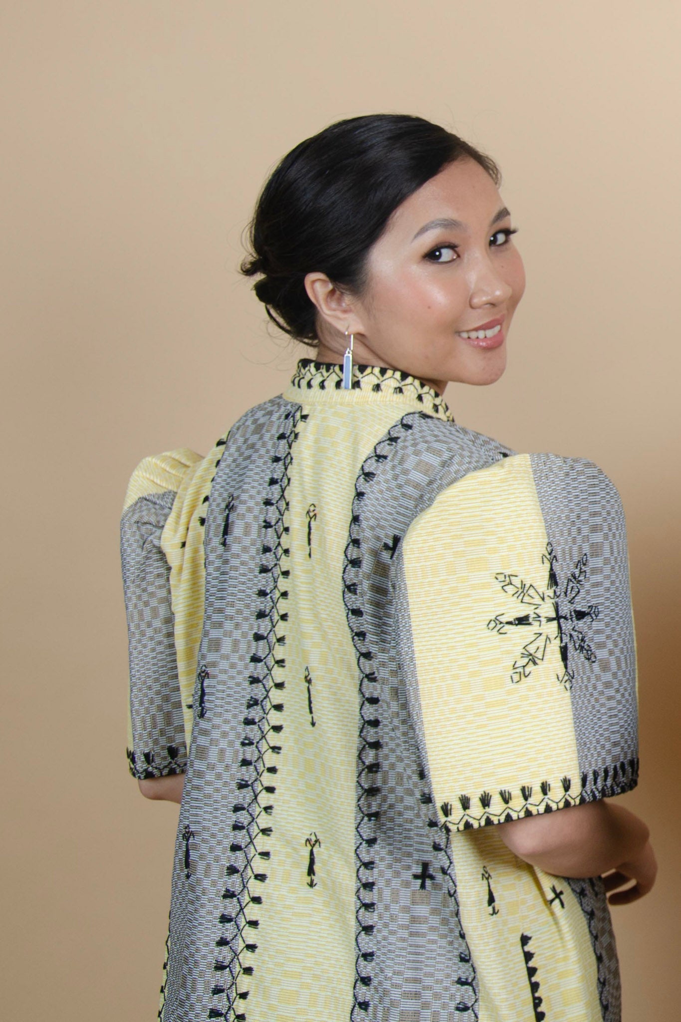 Binakol Filipiniana Long Coat with Itneg Embroidery (Yellow and Grey)