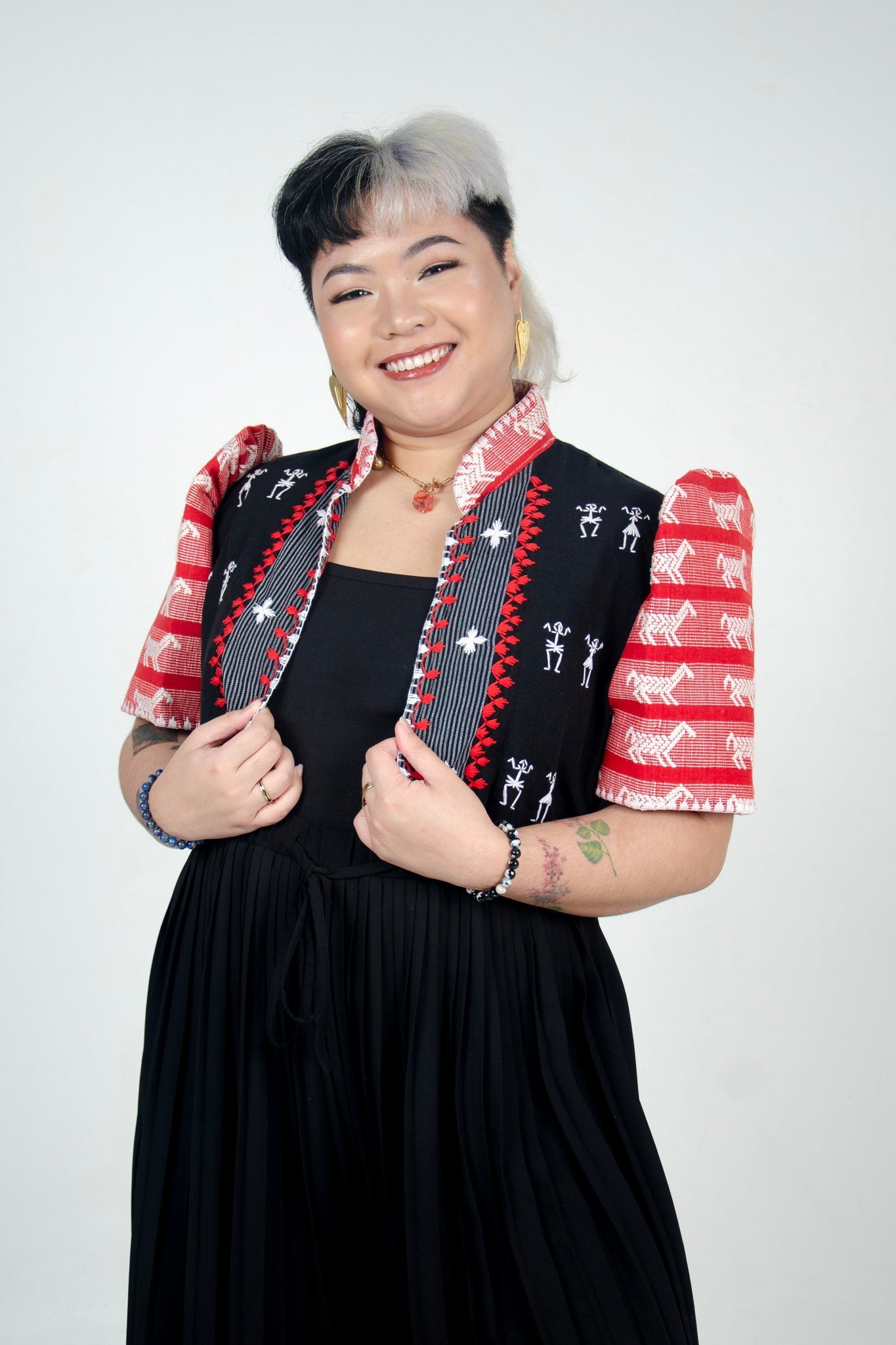 Mixed Weave Bolero with Pinilian Sleeves and Itneg Embroidery (Black and Red Striped)