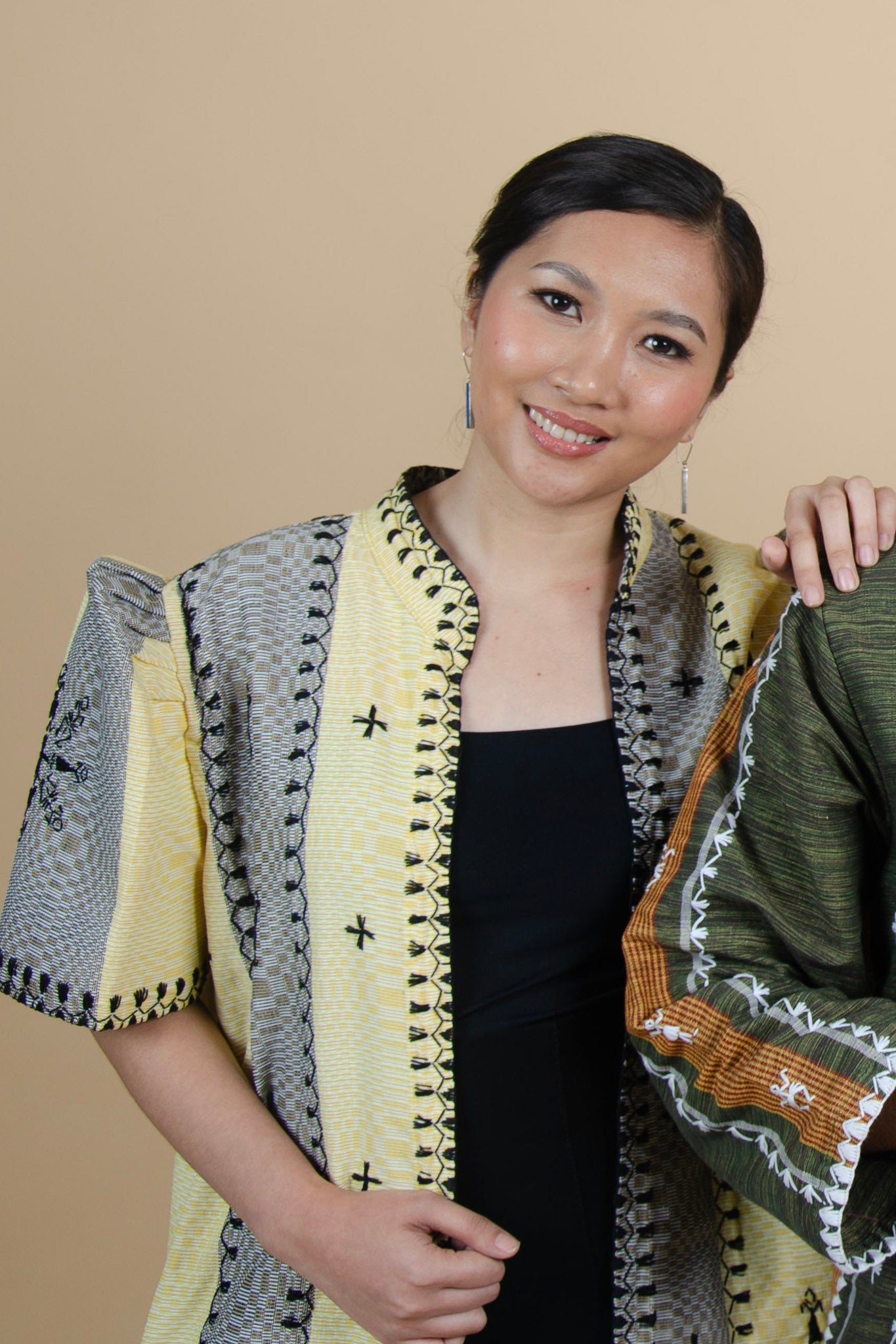 Binakol Filipiniana Long Coat with Itneg Embroidery (Yellow and Grey)