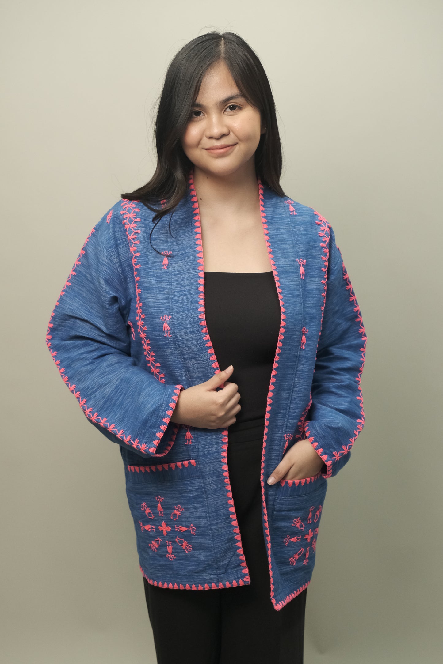 Tiniri Kimono Style-Coat with Itneg Embroidery (Denim Blue)
