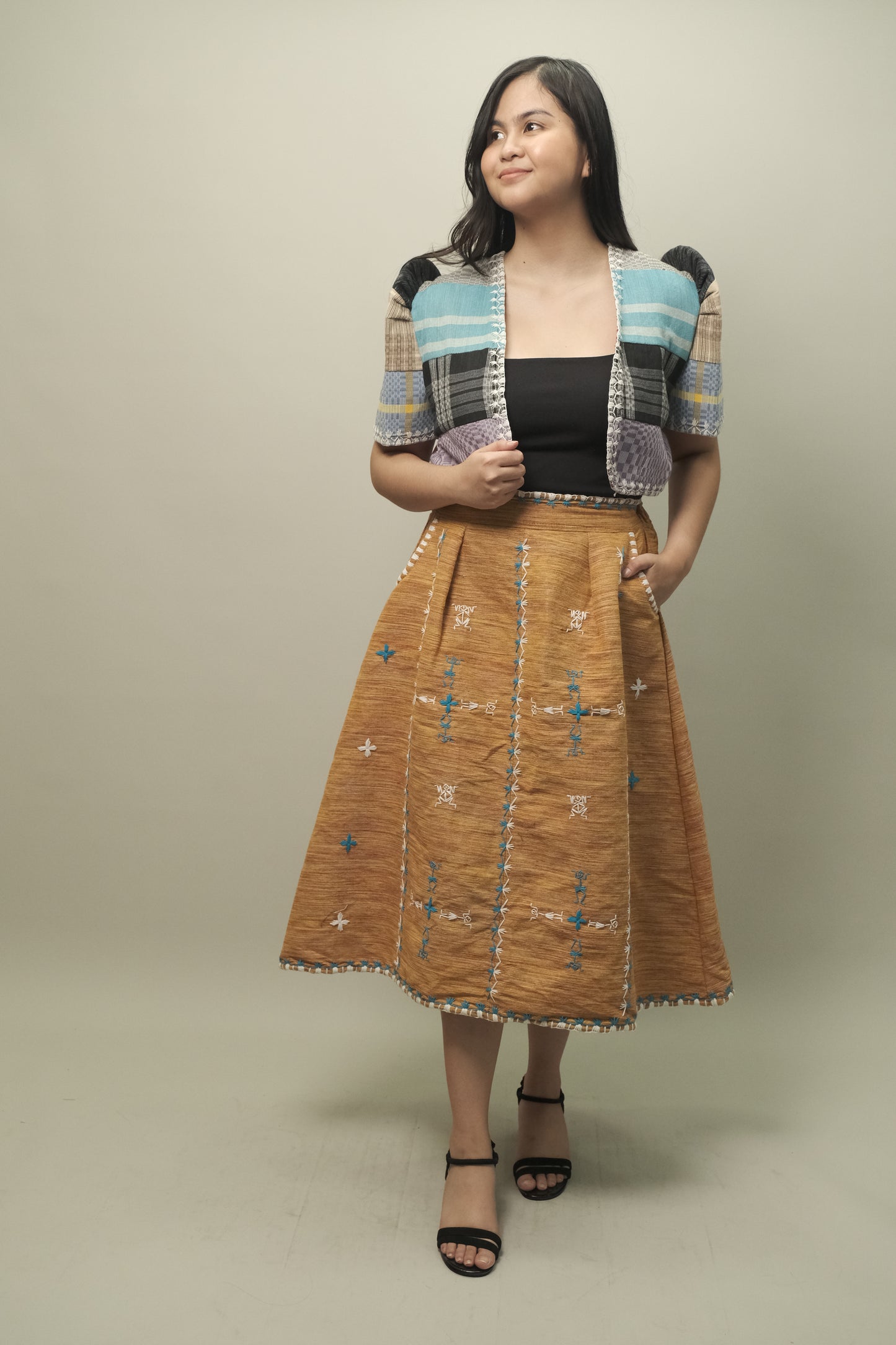 Tiniri Midi Skirt with Itneg Embroidery (Mustard-Beige)
