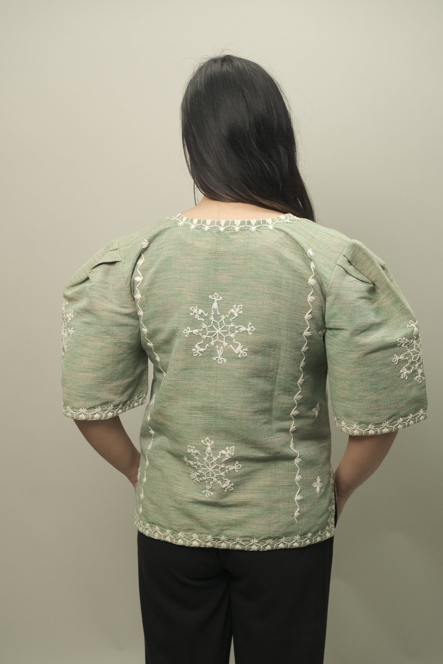 Maria Clara Blouse in Tiniri Weave (Mint Green)