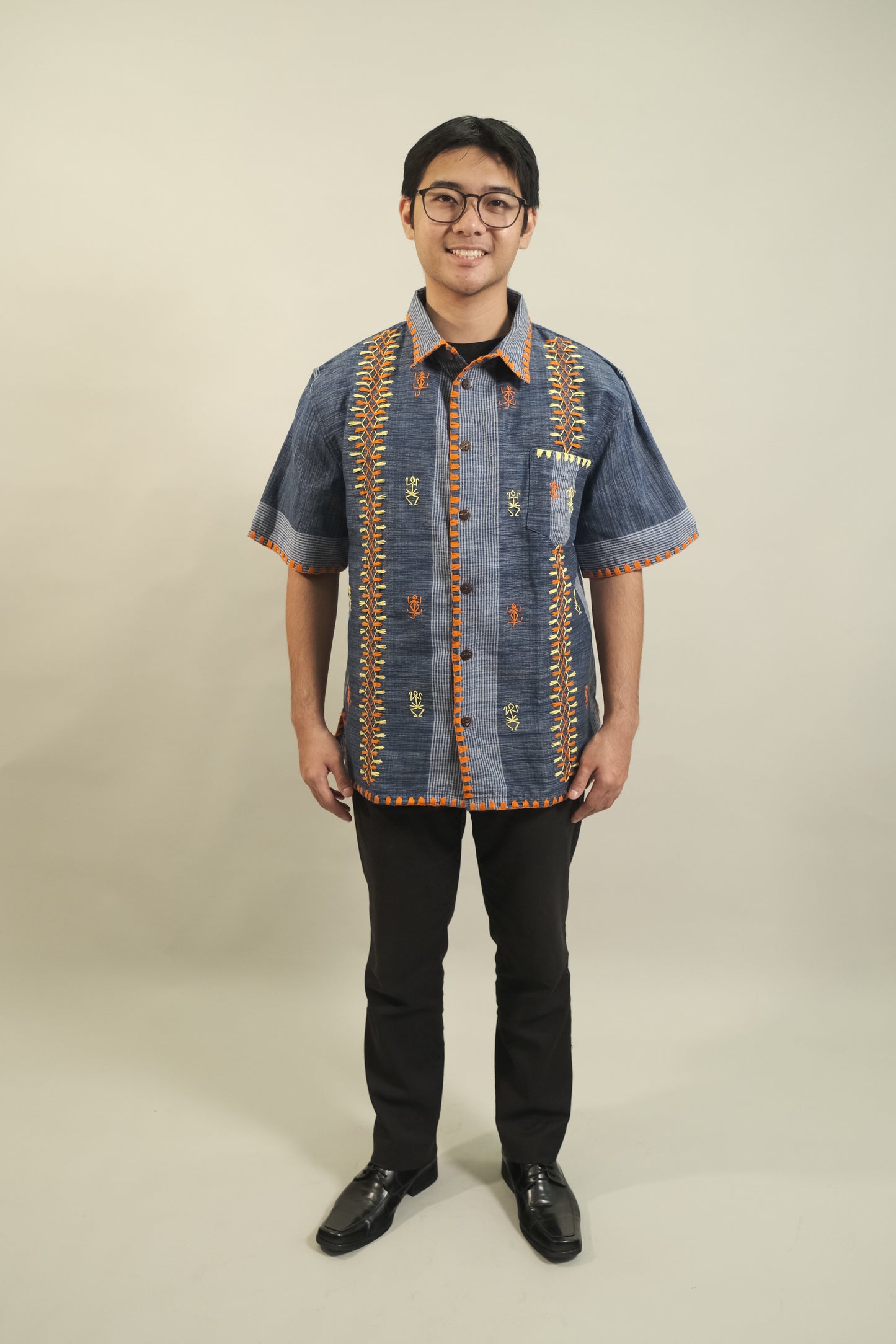 Lino Men's Buttoned Polo in Tiniri Weave (Denim Blue)