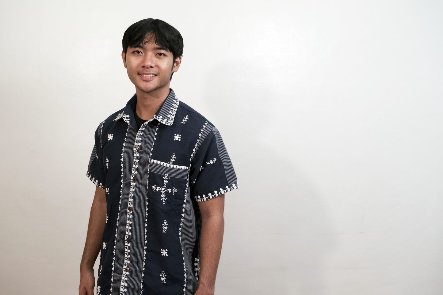 Kantarines Collared Men's Polo with Itneg Embroidery (Dark Navy Stripes)