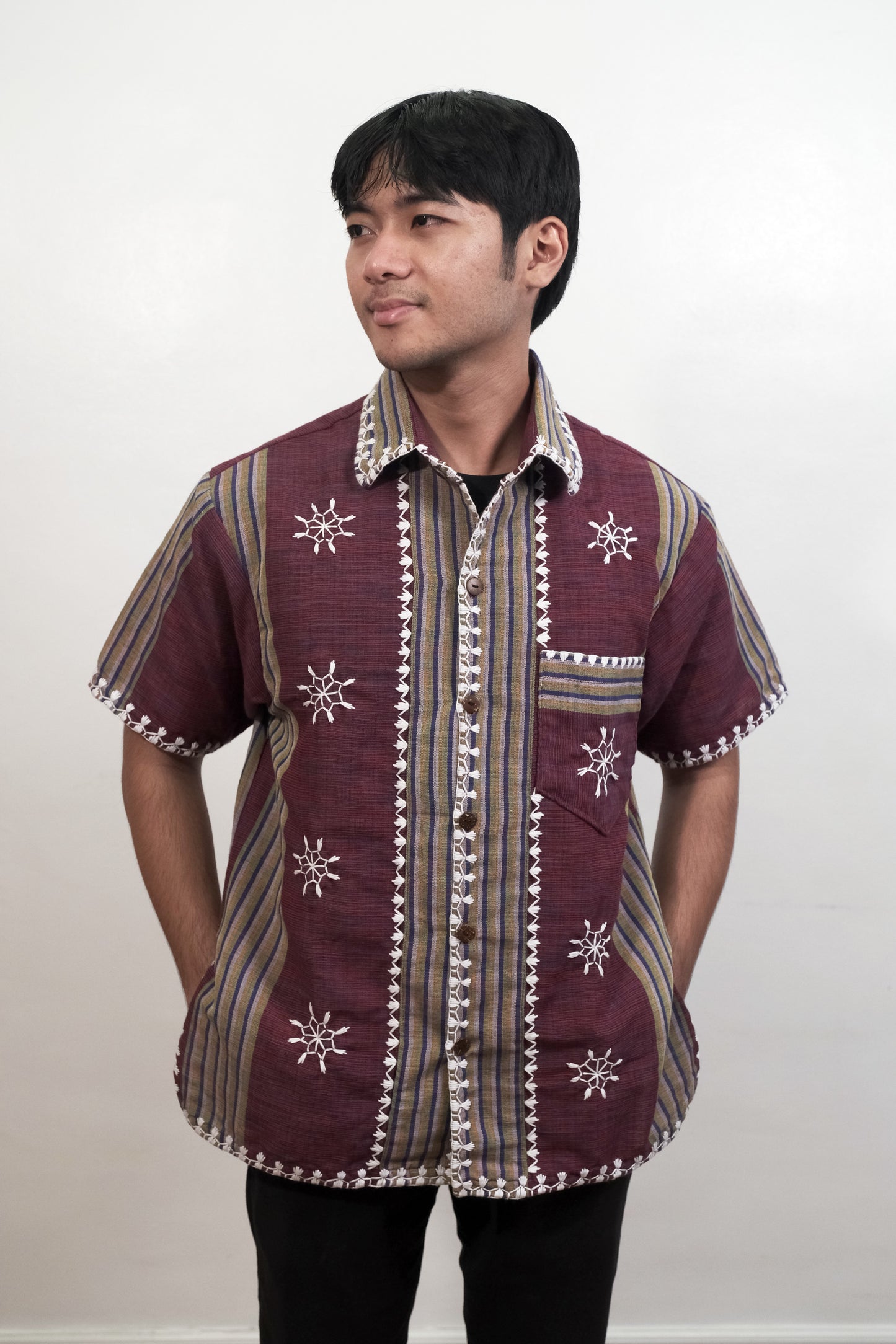 Tiniri Collared Men's Polo with Itneg Embroidery (Maroon Stripes)