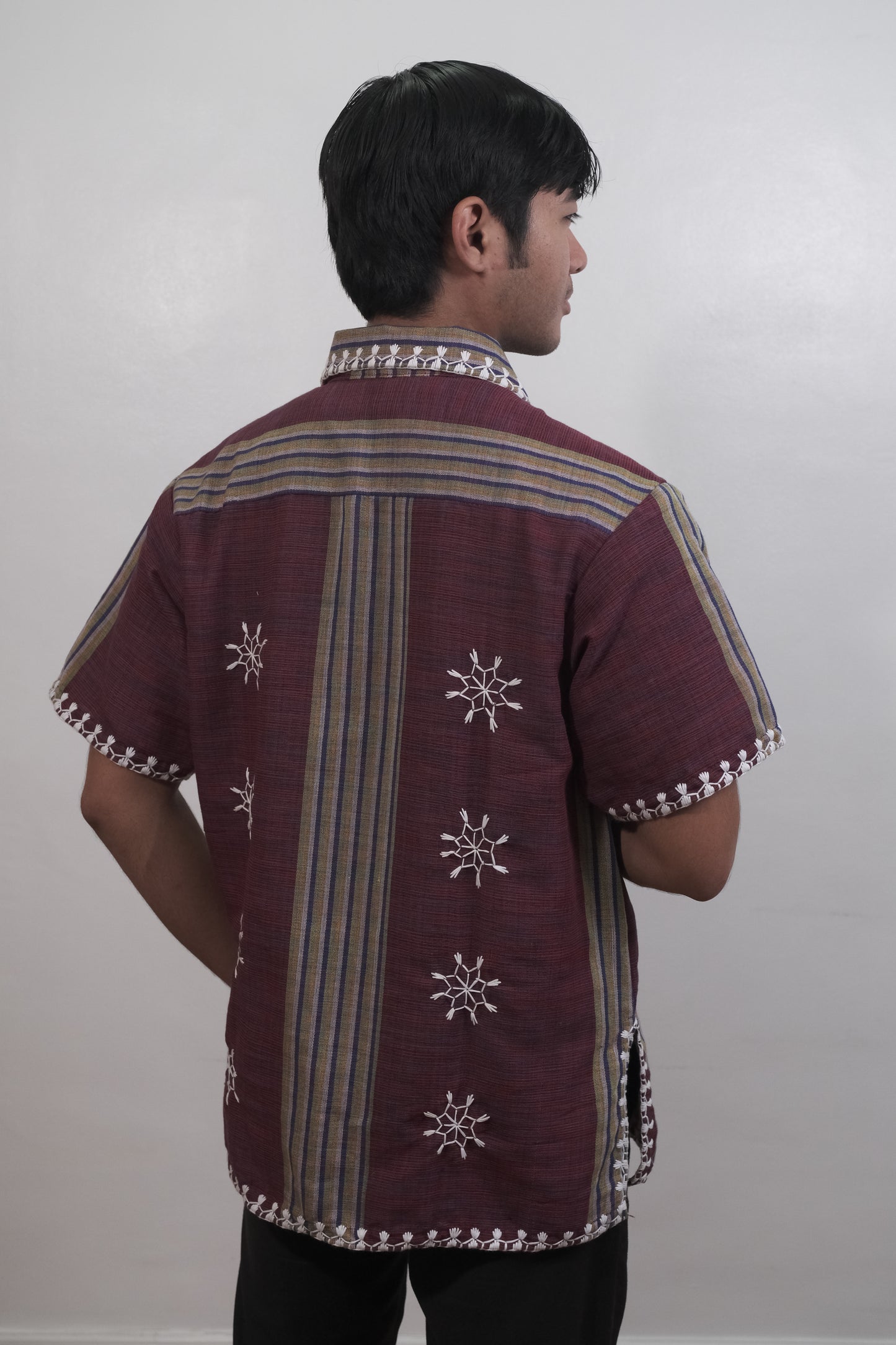 Tiniri Collared Men's Polo with Itneg Embroidery (Maroon Stripes)