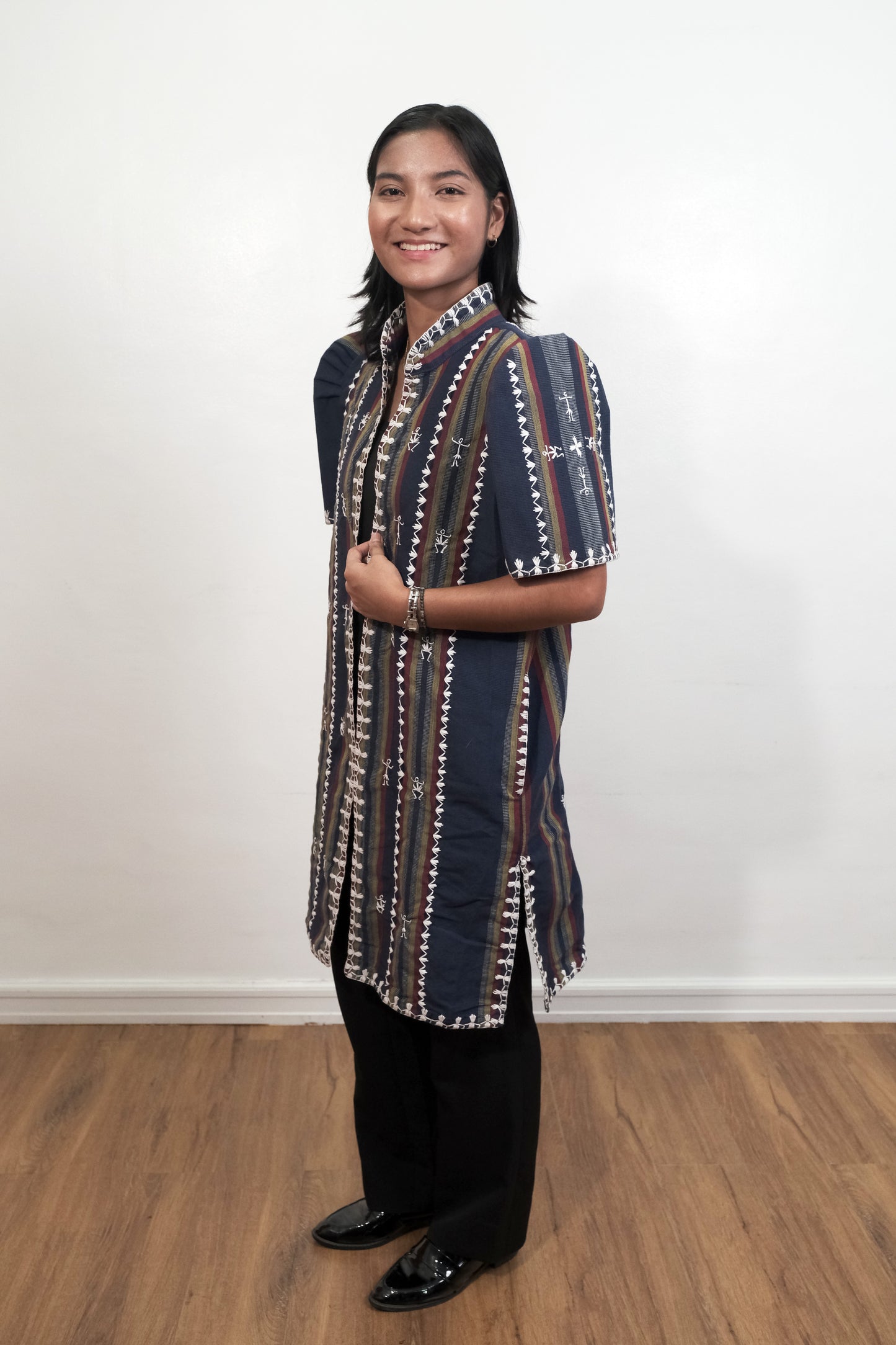 Kantarines Long Filipiniana with Itneg Embroidery (Navy Blue Stripes)