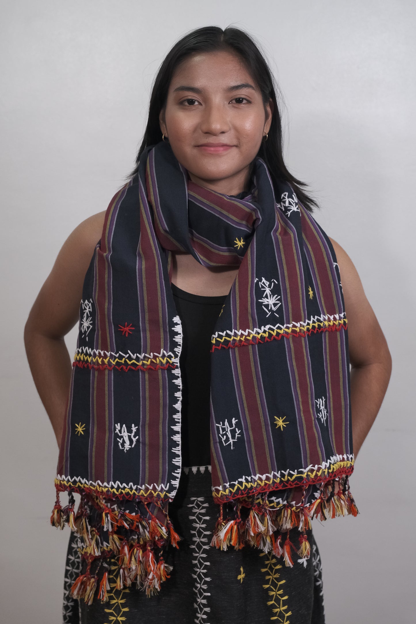 Kantarines Shawl with Itneg Embroidery (Black and Maroon Stripes)