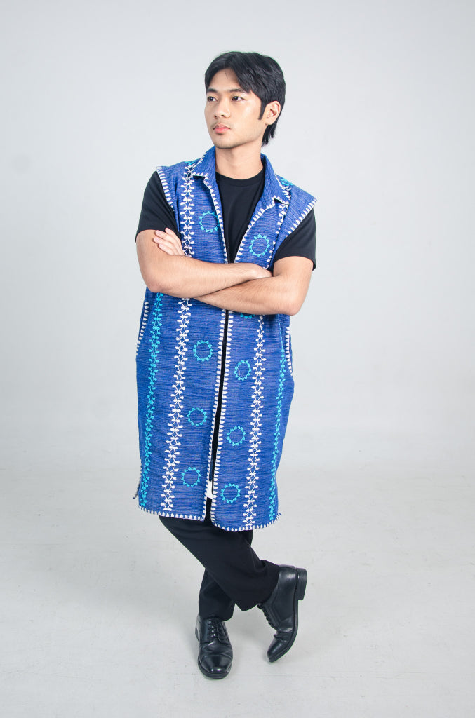 Tiniri Sleeveless Coat with Itneg Embroidery (Denim Blue)