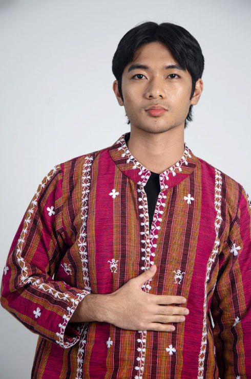 Kantarines Long Coat with Itneg Embroidery (Maroon)