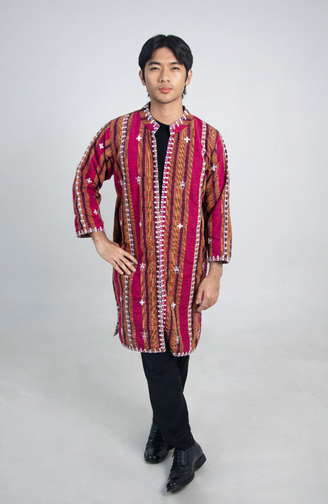 Kantarines Long Coat with Itneg Embroidery (Maroon)