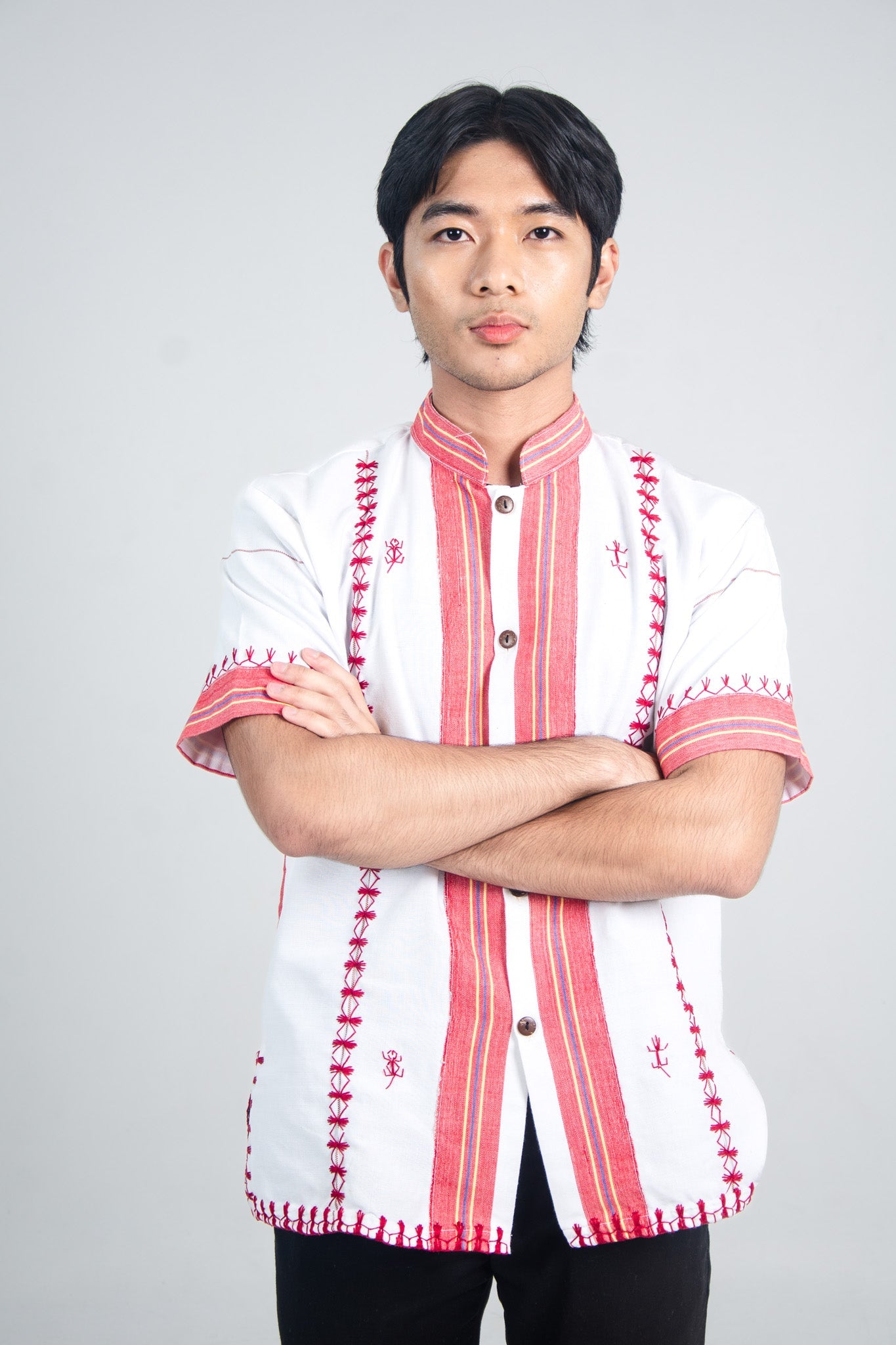 Kantarines Button-Down Polo with Itneg Embroidery (White Striped)