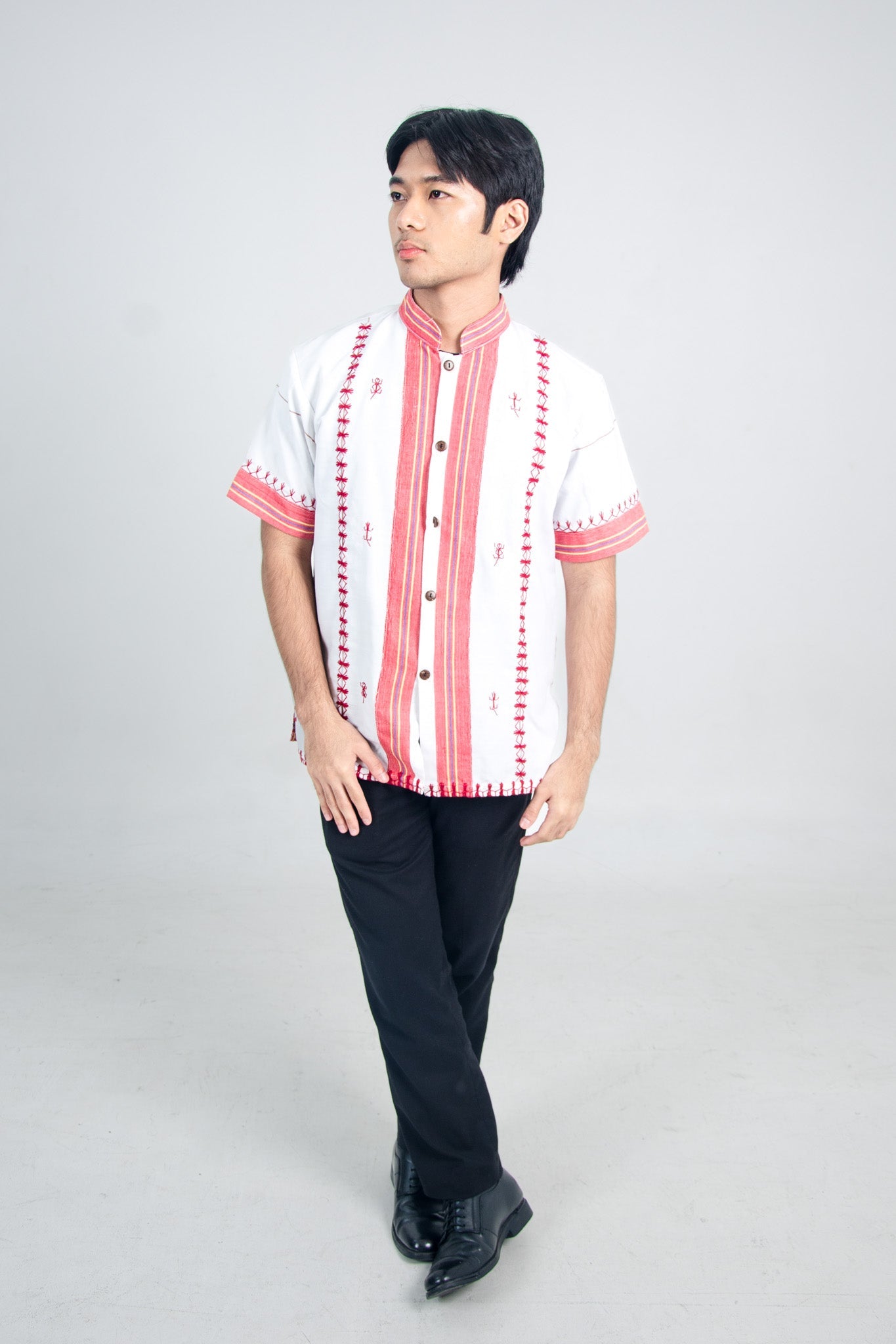 Kantarines Button-Down Polo with Itneg Embroidery (White Striped)