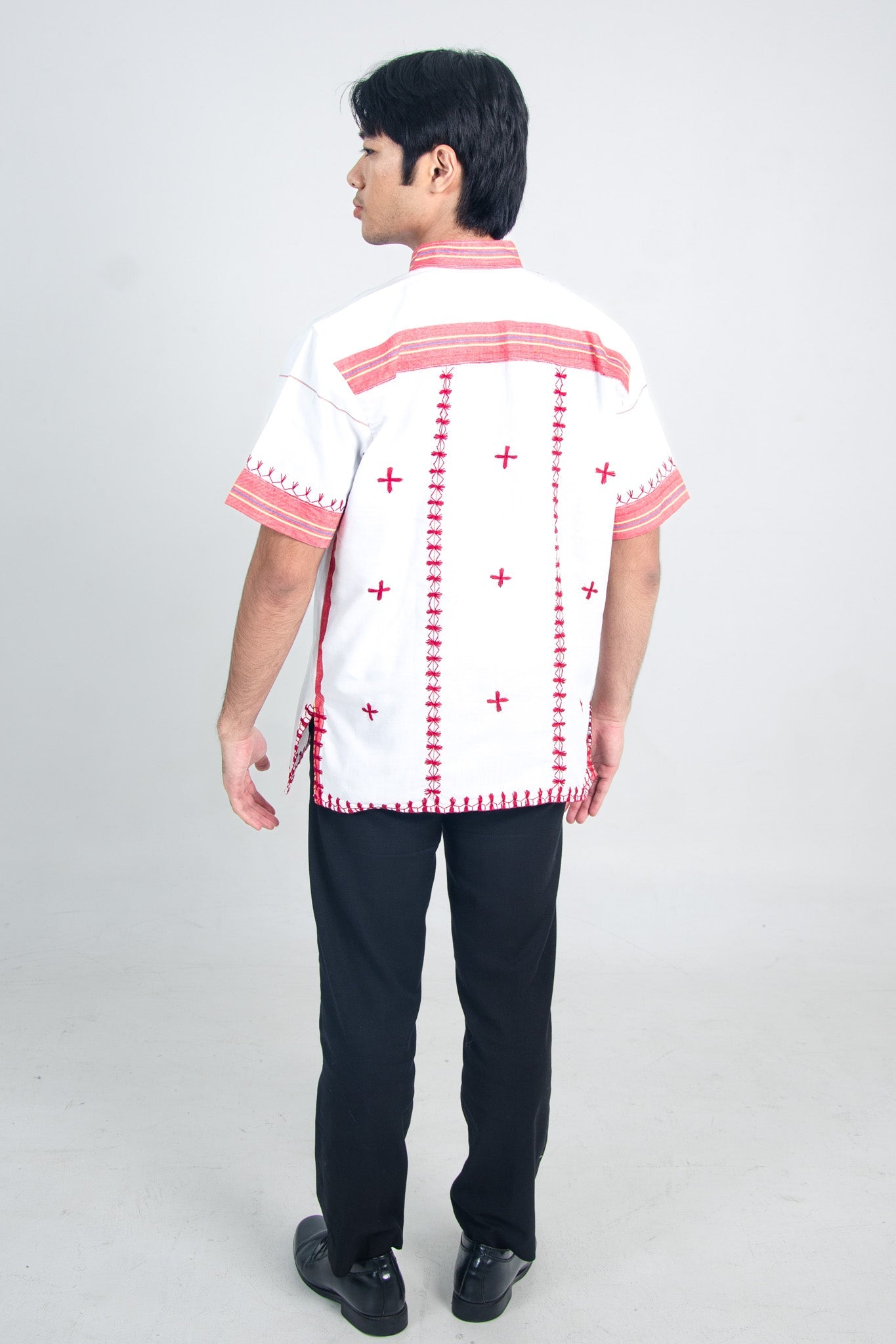 Kantarines Button-Down Polo with Itneg Embroidery (White Striped)