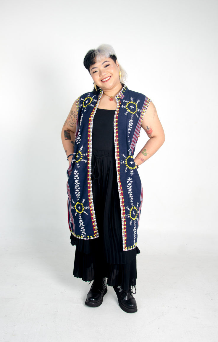 Kantarines Sleeveless Coat with Itneg Embroidery (Navy and Red Stripes)