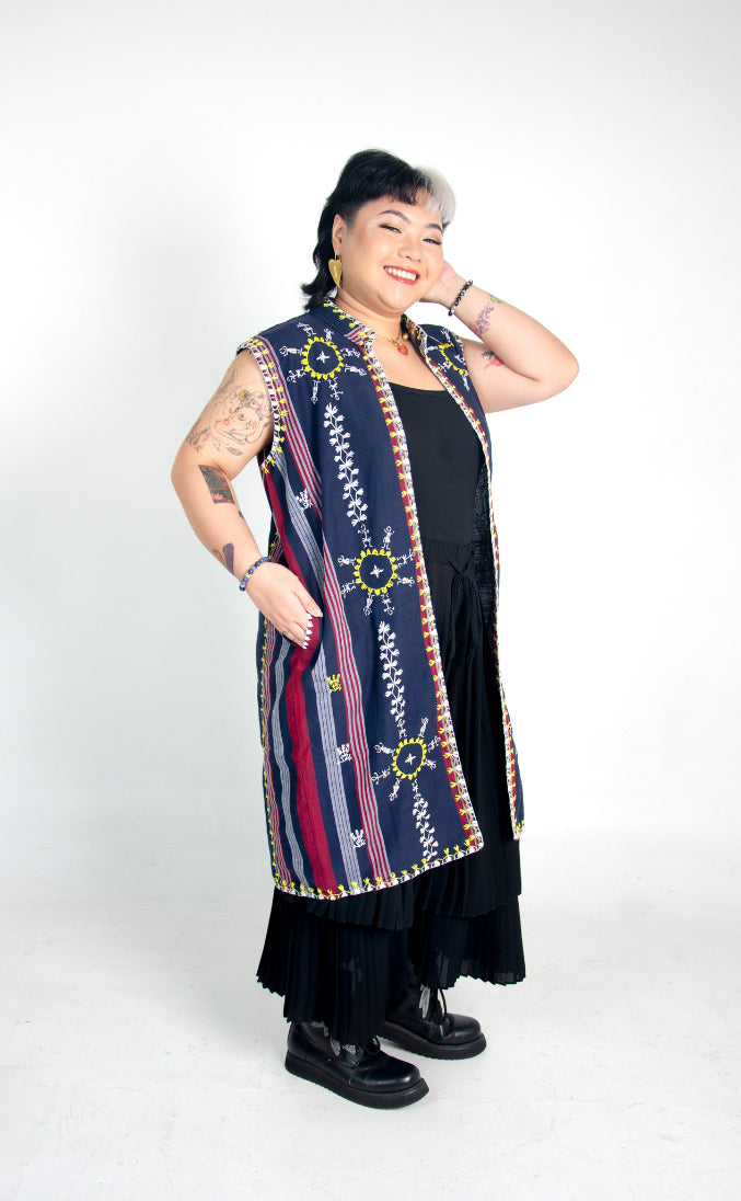 Kantarines Sleeveless Coat with Itneg Embroidery (Navy and Red Stripes)