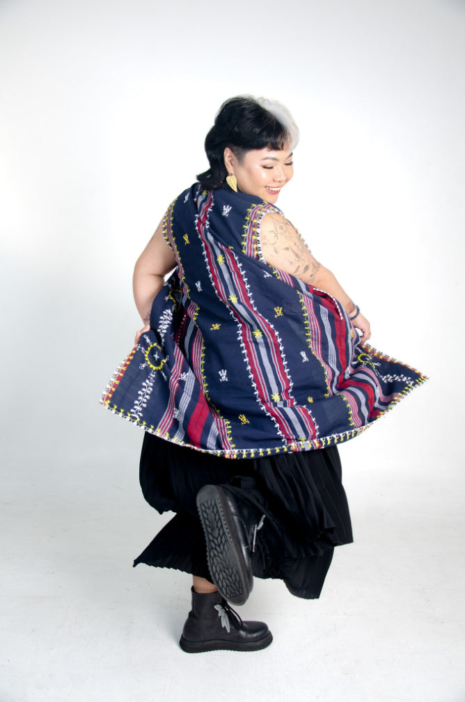 Kantarines Sleeveless Coat with Itneg Embroidery (Navy and Red Stripes)
