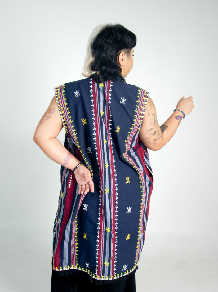 Kantarines Sleeveless Coat with Itneg Embroidery (Navy and Red Stripes)