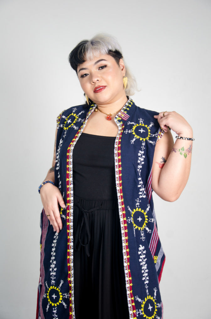 Kantarines Sleeveless Coat with Itneg Embroidery (Navy and Red Stripes)