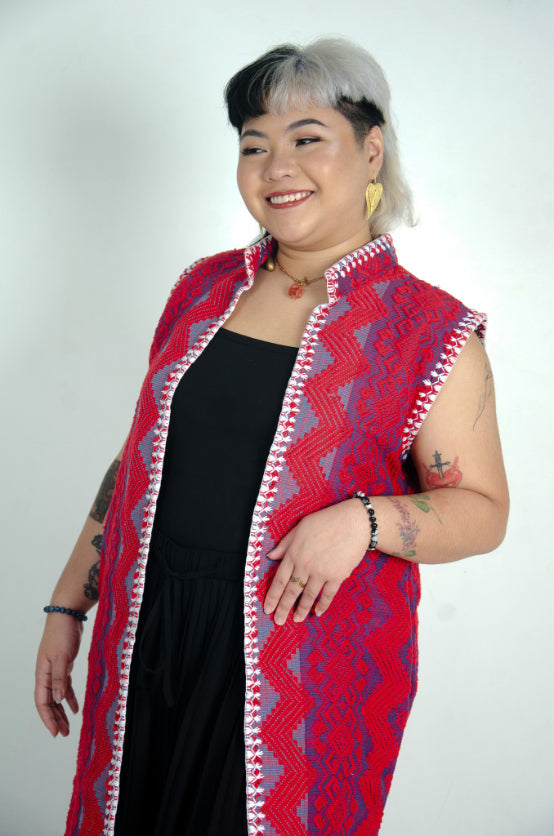 Pinilian Sleeveless Coat with Itneg Embroidery (Red and Purple Tones)