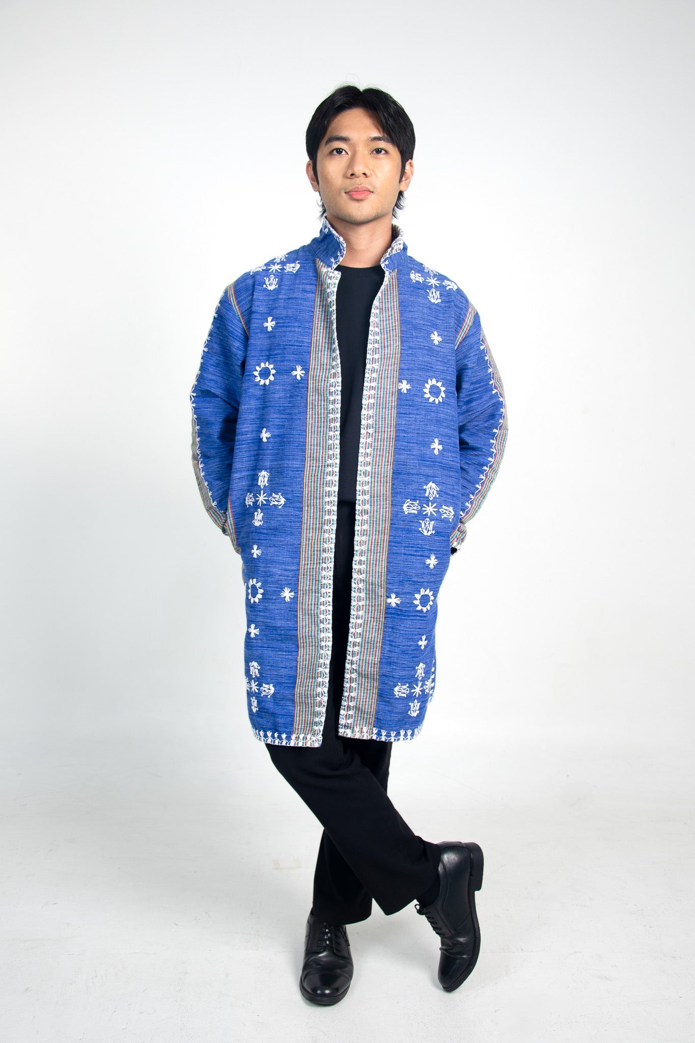 Collared Tiniri Long Coat with Itneg Embroidery (Denim Blue)