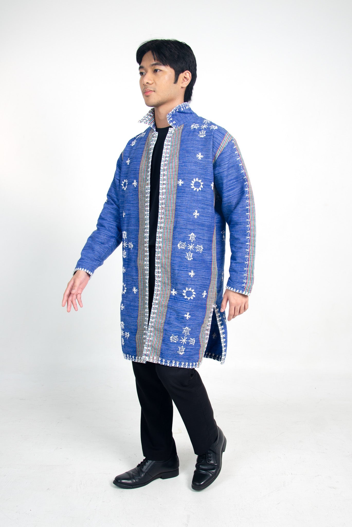 Collared Tiniri Long Coat with Itneg Embroidery (Denim Blue)