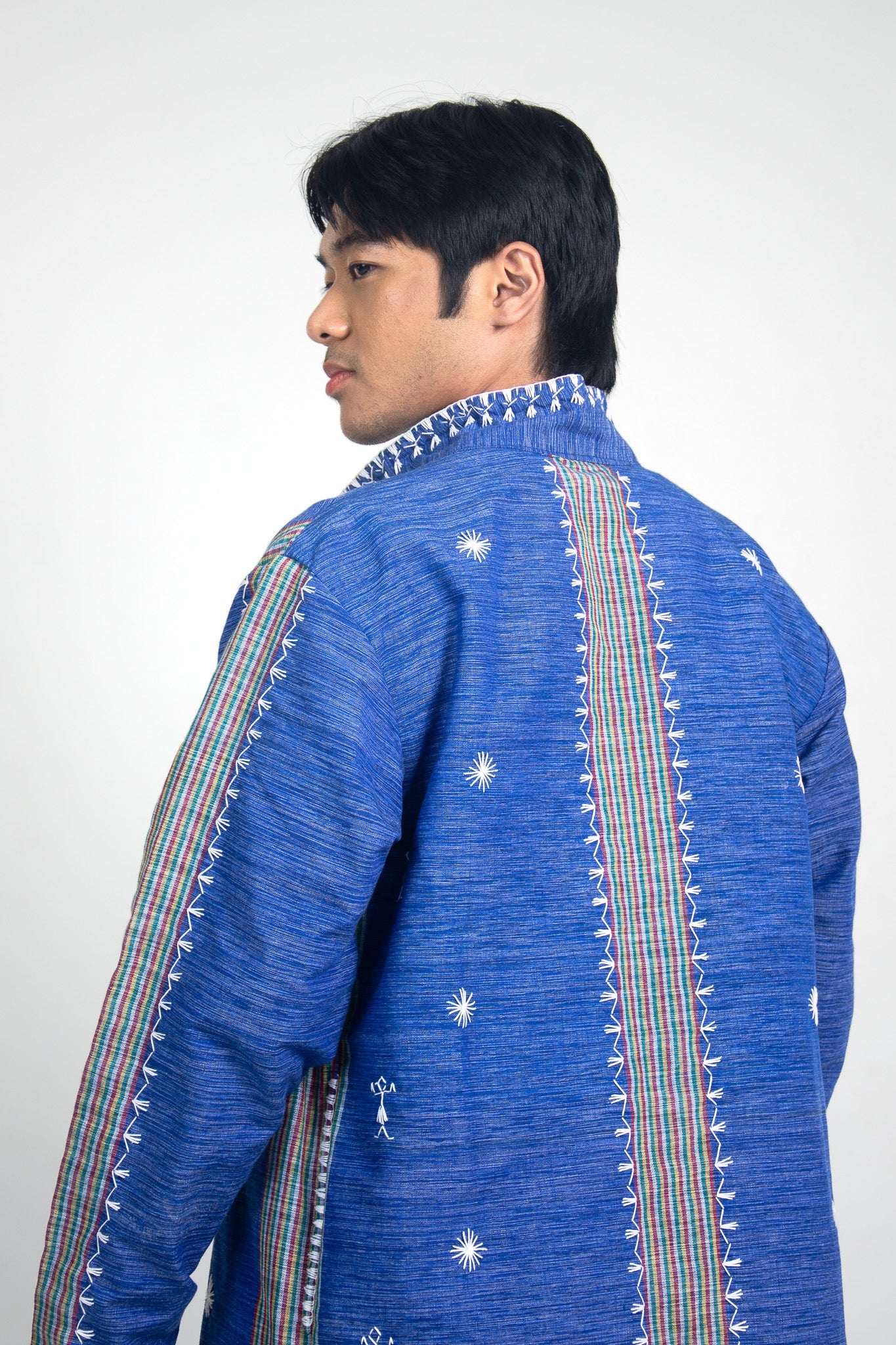 Collared Tiniri Long Coat with Itneg Embroidery (Denim Blue)