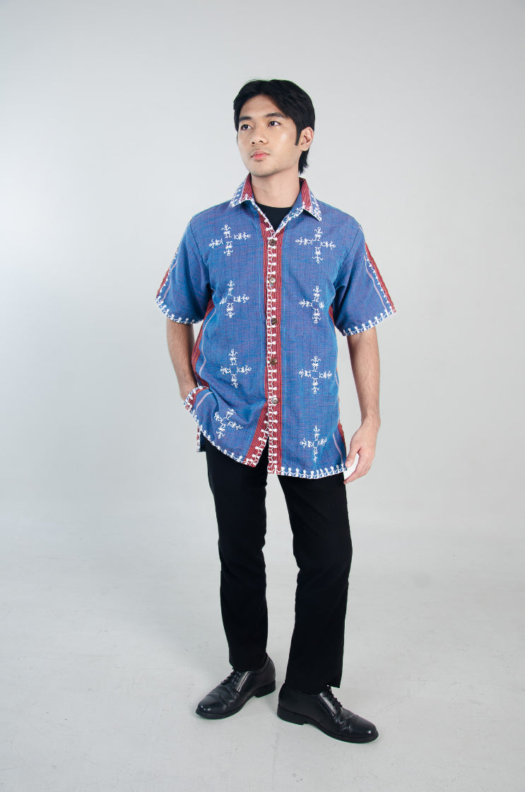 Kantarines Men's Button-Down Polo (Light Blue with Red Stripes)