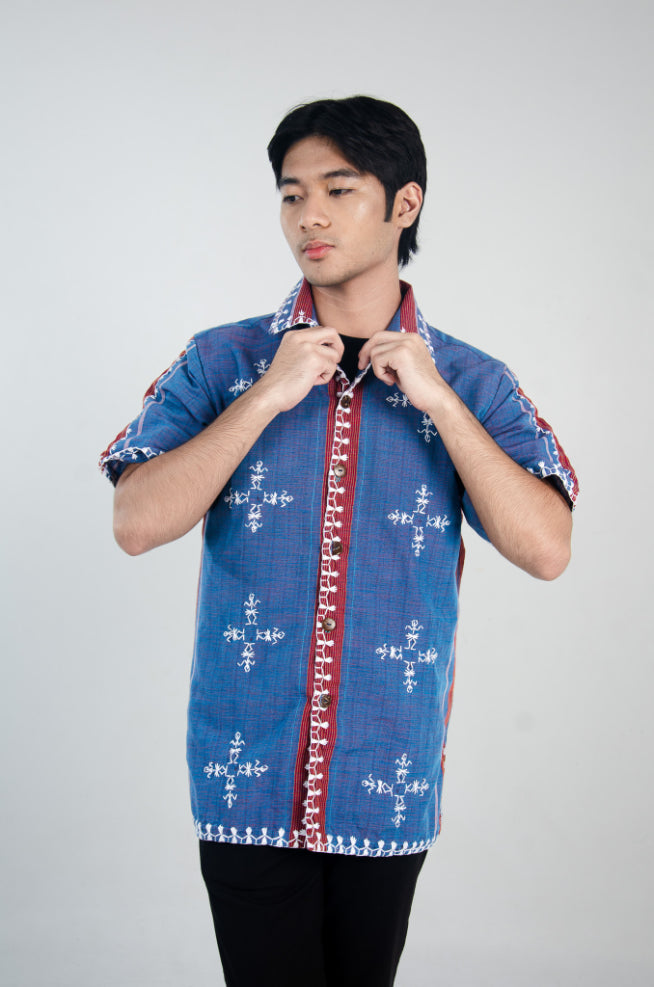 Kantarines Men's Button-Down Polo (Light Blue with Red Stripes)