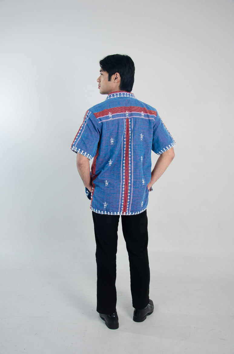Kantarines Men's Button-Down Polo (Light Blue with Red Stripes)