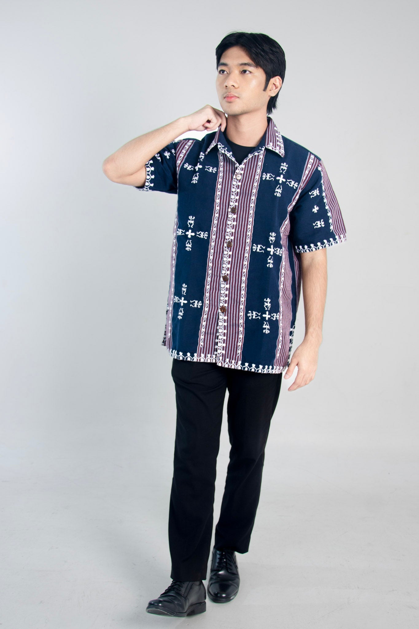 Kantarines Men's Button Down Polo with Itneg Embroidery (Navy Blue with Red Stripes)
