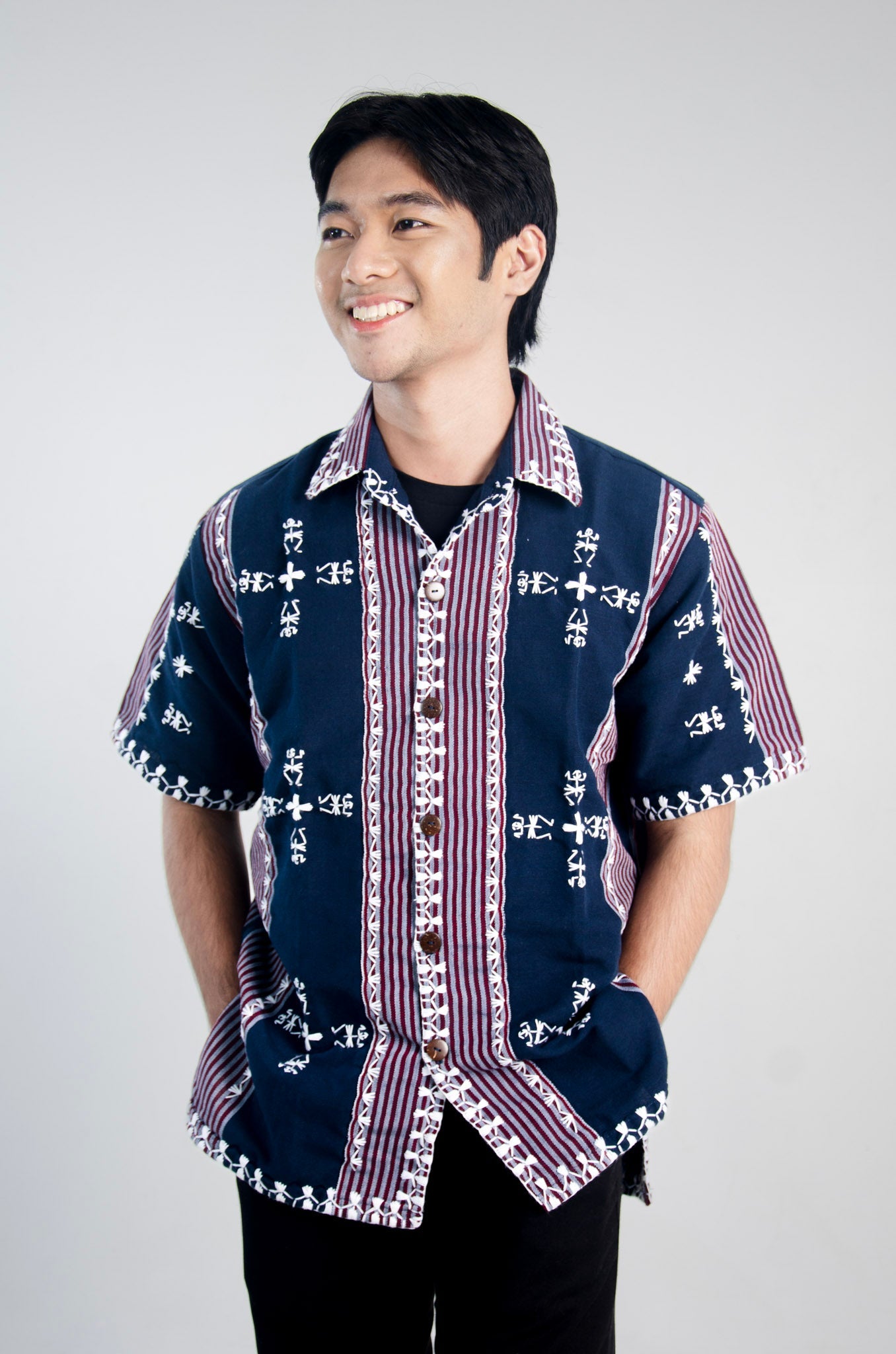 Kantarines Men's Button Down Polo with Itneg Embroidery (Navy Blue with Red Stripes)