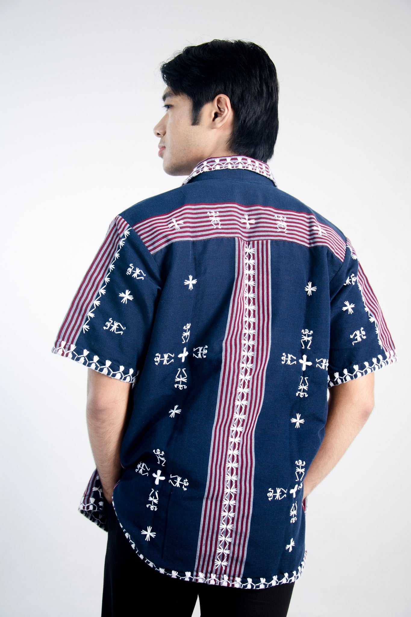 Kantarines Men's Button Down Polo with Itneg Embroidery (Navy Blue with Red Stripes)