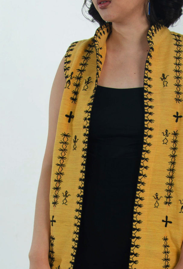 Tiniri Sleeveless Coat with Itneg Embroidery (Golden Yellow)