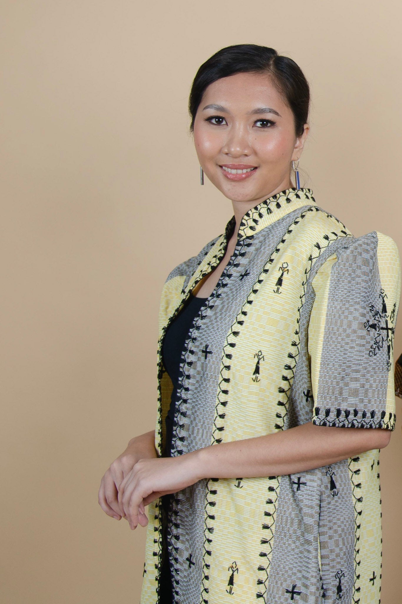 Binakol Filipiniana Long Coat with Itneg Embroidery (Yellow and Grey)