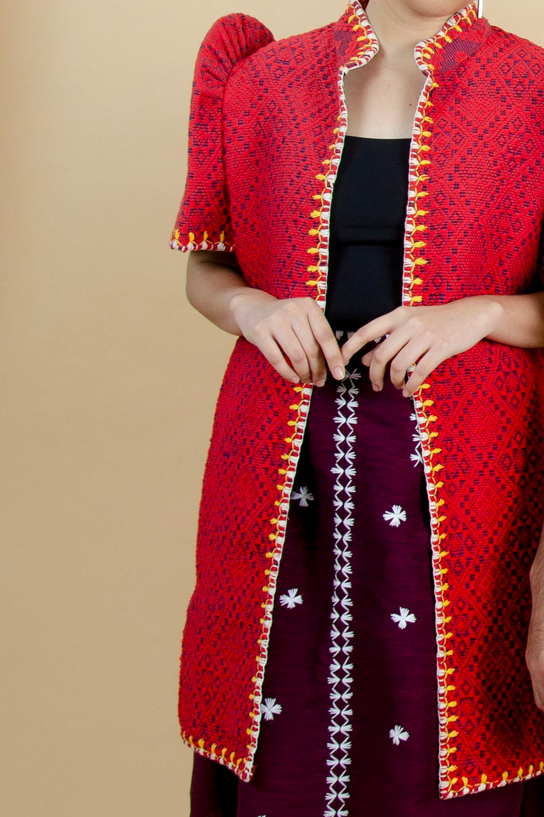 Pinilian Long Filipiniana with Itneg Embroidery (Red) PRE-ORDER ONLY. 3-4 WEEKS.