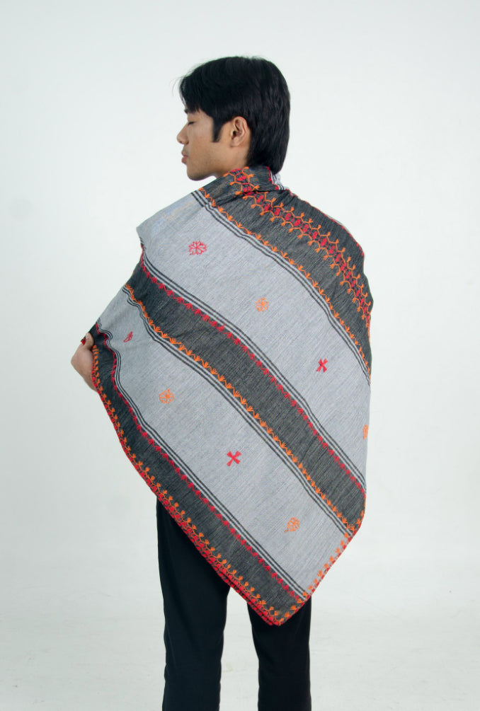 Traditional Kantarines Tapis with Itneg Embroidery (Gray Striped)
