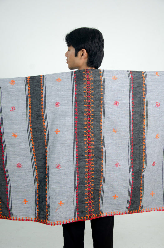 Traditional Kantarines Tapis with Itneg Embroidery (Gray Striped)