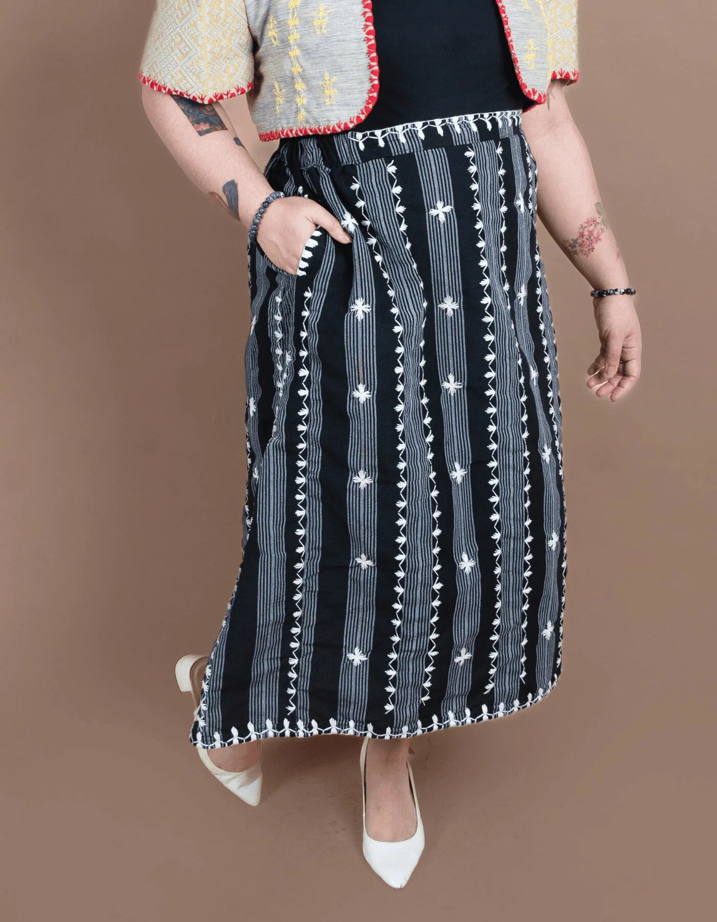 Kantarines Long Skirt with Itneg Embroidery (Black Striped)