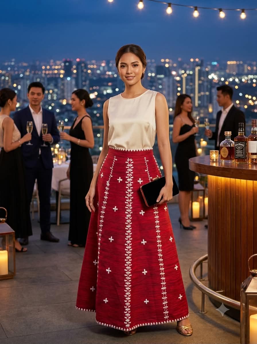 Anita Long Skirt with White Embroidery (Red)