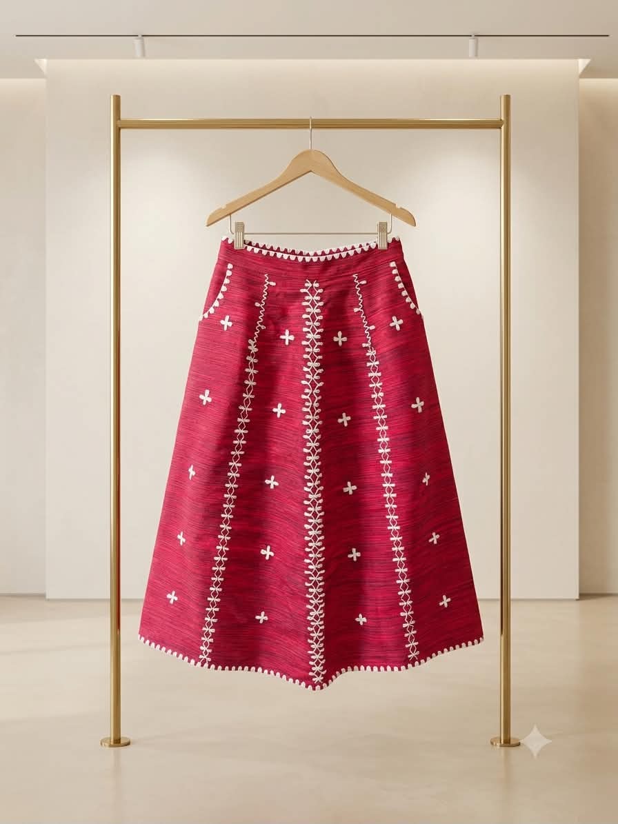 Anita Long Skirt with White Embroidery (Red)