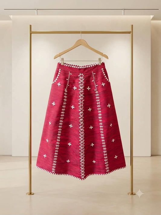 Anita Long Skirt with White Embroidery (Red)