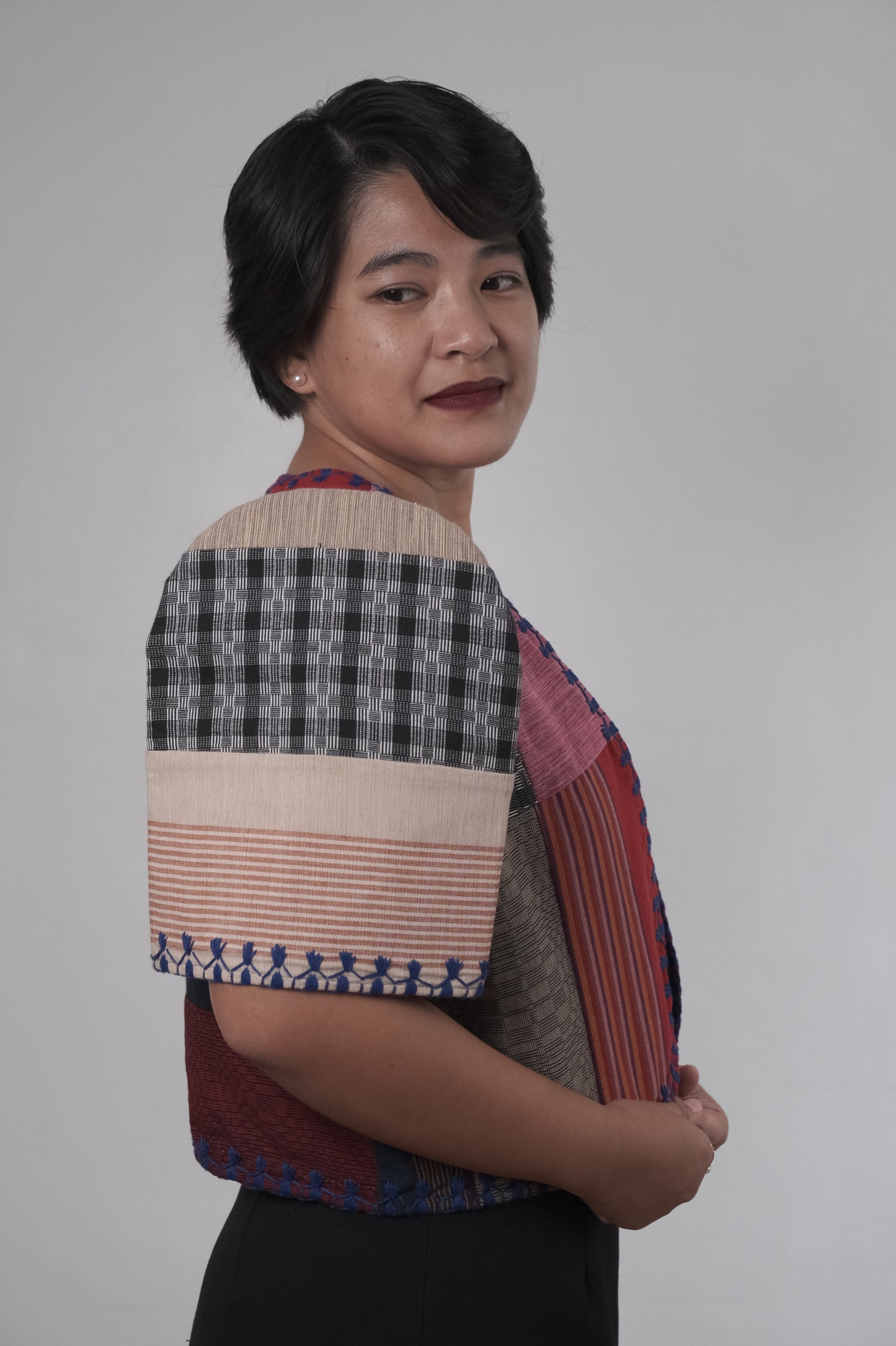 Inabel Tagpi Bolero with Itneg Embroidery (Beige & Red)