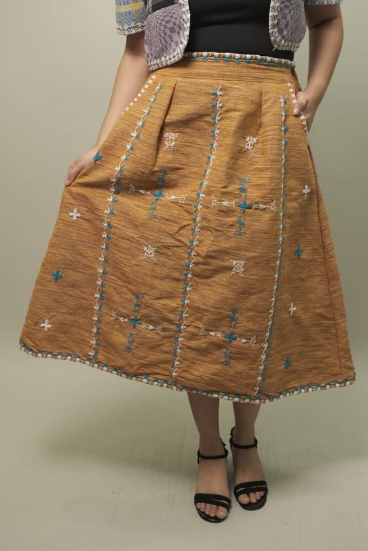Tiniri Midi Skirt with Itneg Embroidery (Mustard-Beige)