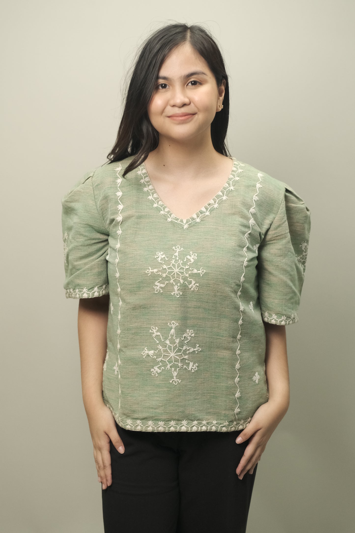 Maria Clara Blouse in Tiniri Weave (Mint Green)