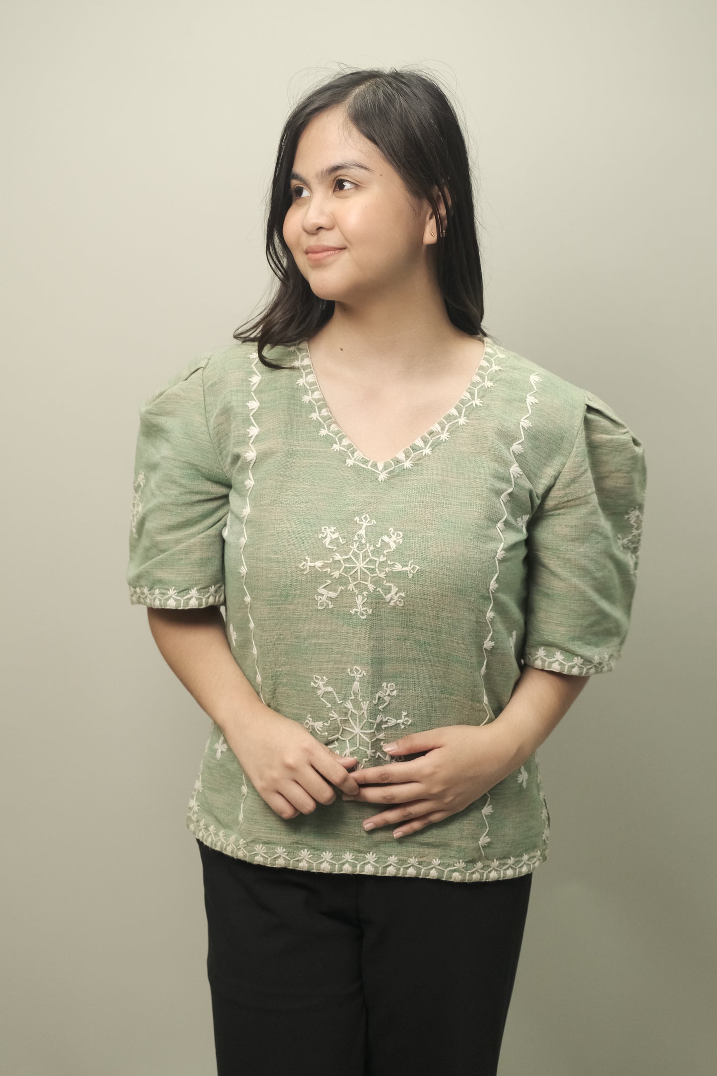 Maria Clara Blouse in Tiniri Weave (Mint Green)